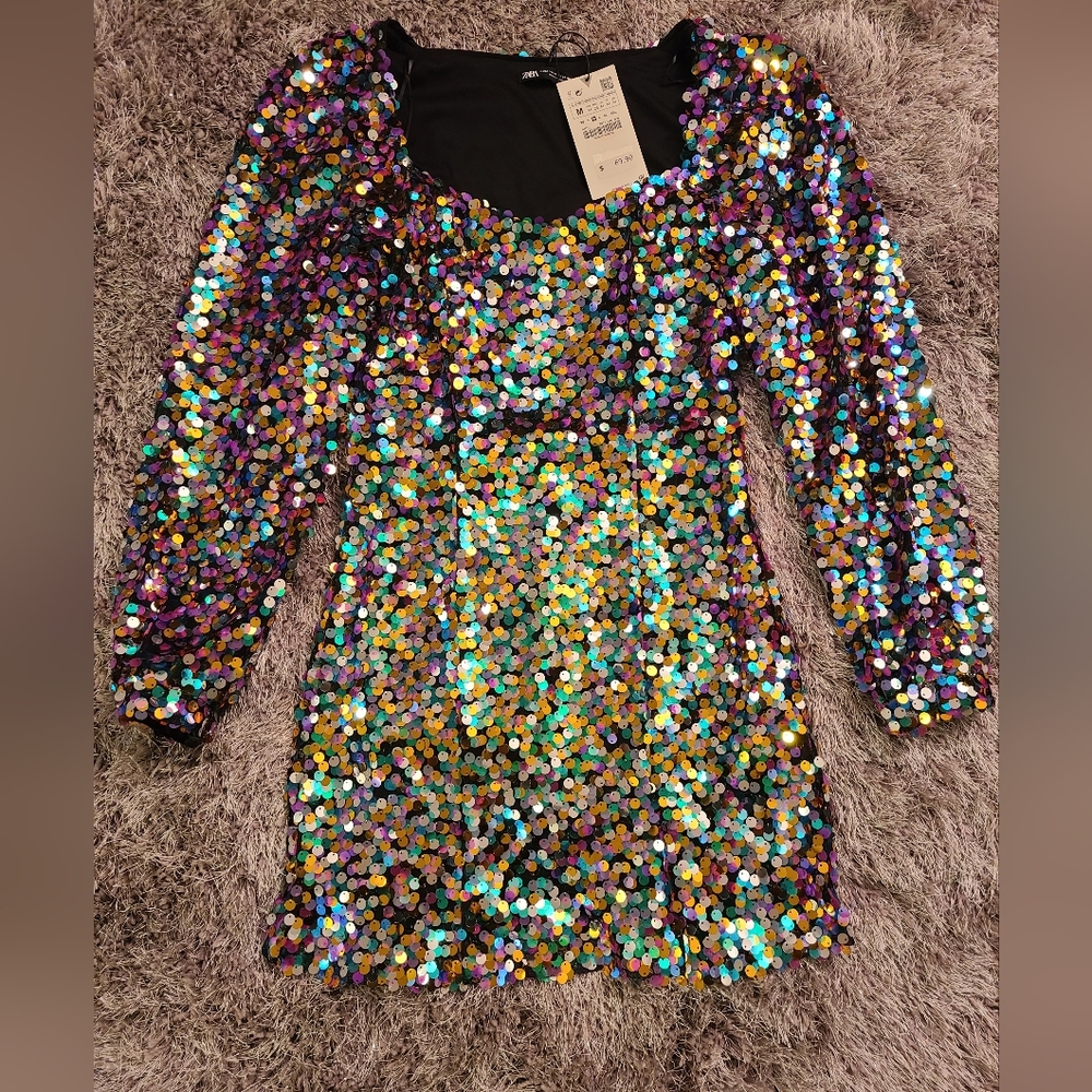 NWT Zara multi colored sequin dress Sz M